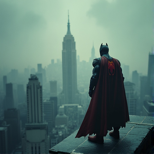 Silhouette of Mystery: A Superhero Stands Watch Over the Fog-Shrouded City