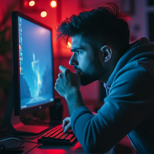 Lost in the Glow: A Man’s Focus Under Red and Blue Light