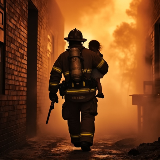 Heroic Silhouette: Firefighter Carries Child to Safety