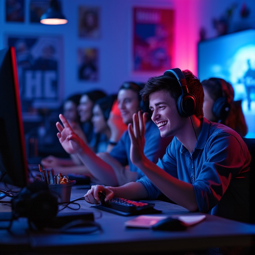 Friends Get Competitive in Dimly Lit Gaming Session