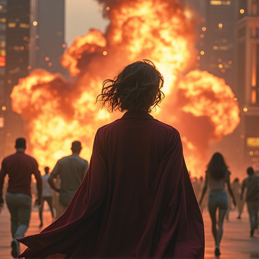 Unfazed by Chaos: Woman Stands Amidst City-Shattering Explosion