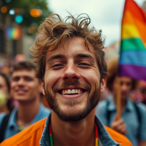 Man Smiles Brightly at Pride Parade, Embracing Joy and Celebration