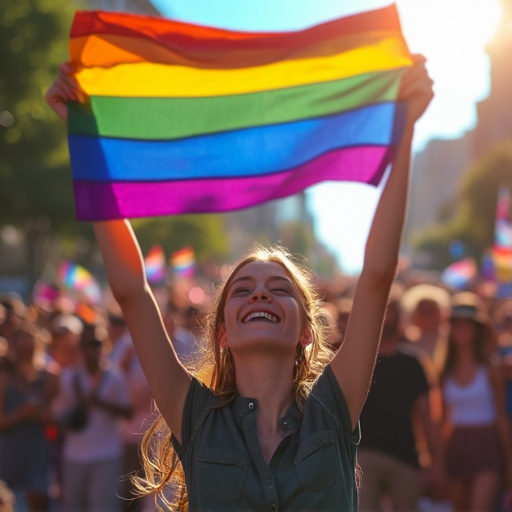 Pride Parade Joy: Woman Celebrates with Rainbow Flag