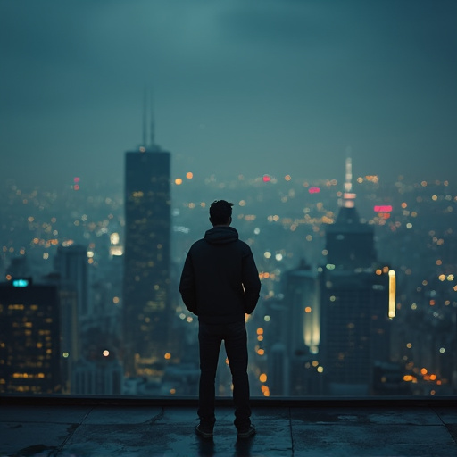 Silhouetted Against the City Lights: A Moment of Melancholy