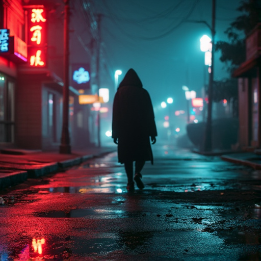 Lost in the Neon Glow: A Figure Walks Through the Night