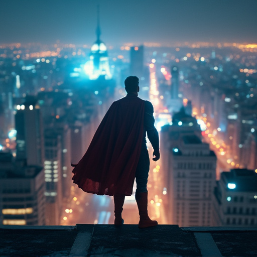 Silhouette of Hope: Superhero Stands Tall Against the City Lights