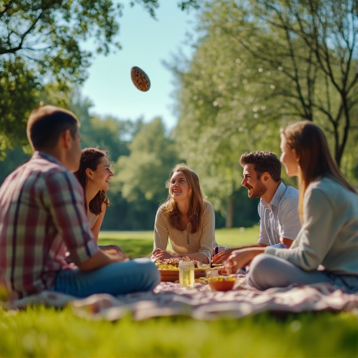 Friends Enjoying a Sunny Picnic with a Frisbee Flyby