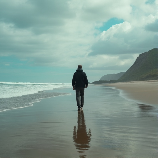 Lost in the Vastness: A Solitary Figure on a Cloudy Beach