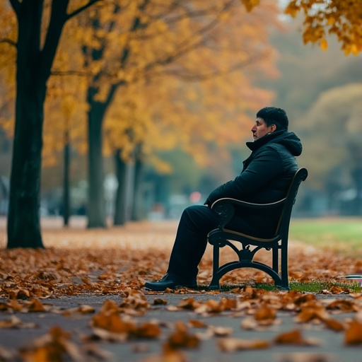 Autumn Solitude: A Man Finds Peace Amidst Falling Leaves