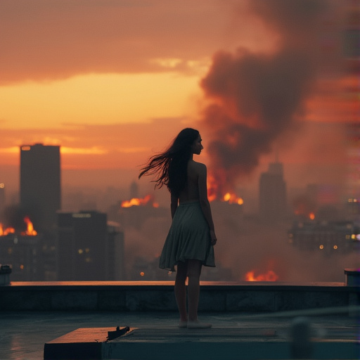 Silhouette of Despair: A Woman Stands Against a Burning City