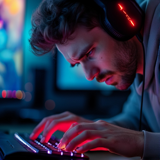 Lost in the Code: A Man’s Intense Focus Under Warm Lighting