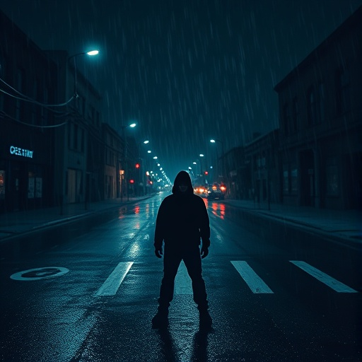 Lost in the Shadows: A Lonely Figure Walks a Deserted City Street