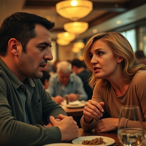 Silent Tension: A Couple’s Heated Exchange in a Dimly Lit Restaurant