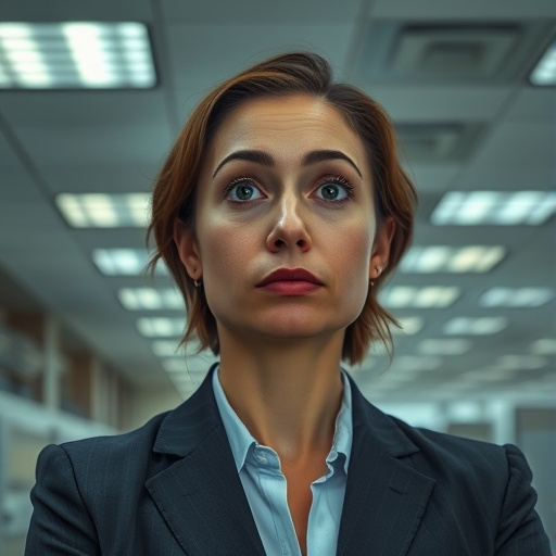 Unwavering Focus: A Woman’s Intense Gaze in a Blurred Office