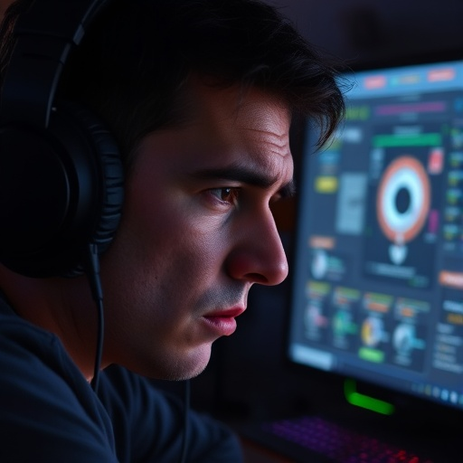 Lost in the Code: A Man’s Intense Focus in a Dimly Lit Room