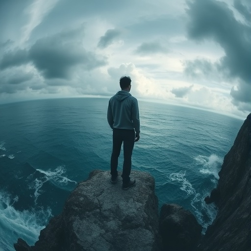 Lost in the Vastness: A Solitary Figure Contemplates the Ocean