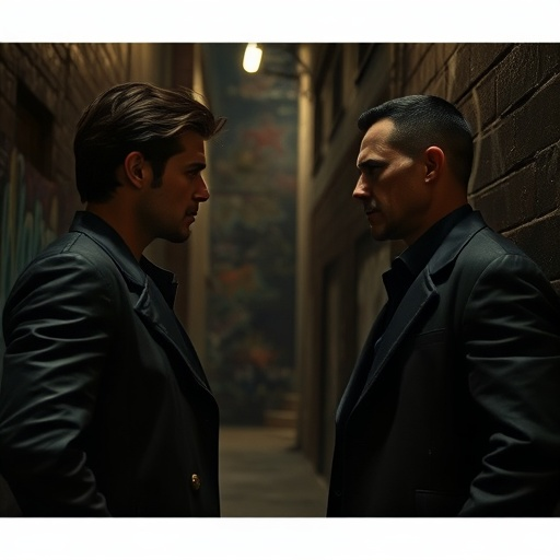 Shadows of Suspicion: Two Men Face Off in a Dimly Lit Alley