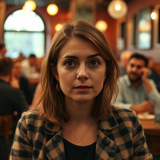 Introspective Moment: A Young Woman’s Pensive Gaze Captured in a Restaurant