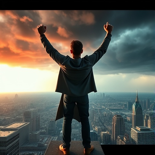 Triumph Over Adversity: Man Celebrates on Rooftop with Sunset and Stormy Sky