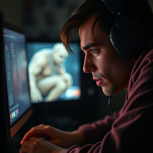 Lost in the Digital Realm: A Man’s Intense Focus on a 3D Creature