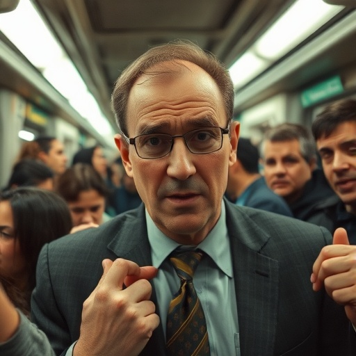 A Man’s Intense Gaze in the Dimly Lit Train Car