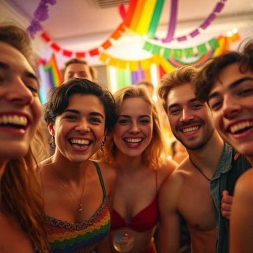 Friends Celebrate with Joyful Smiles and Rainbow Decor