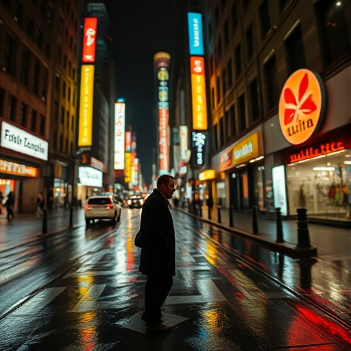 Lost in the Neon Glow: A Man’s Solitude in the City