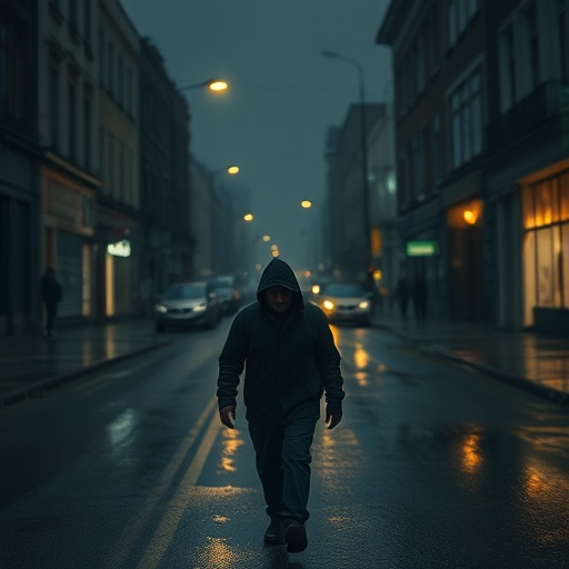 Mystery in the Shadows: A Hooded Figure Walks the Wet City Streets