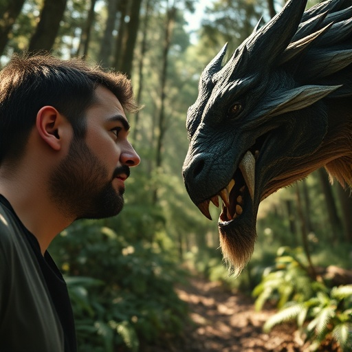 Man Faces Fearsome Dragon in Enchanting Forest