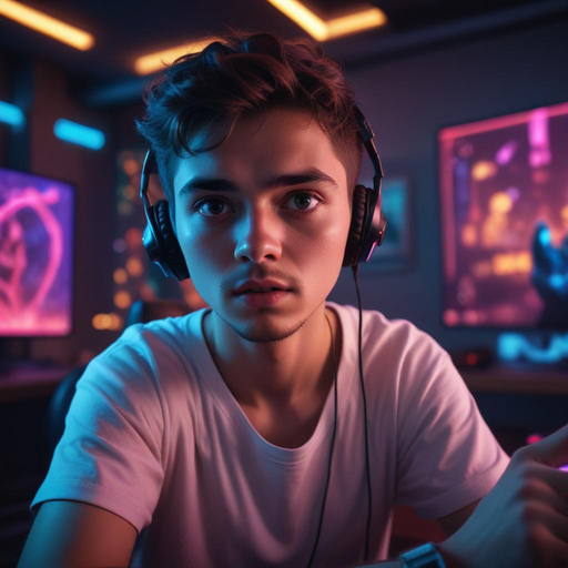 Lost in the Code: A Young Man’s Intense Focus Under Neon Lights