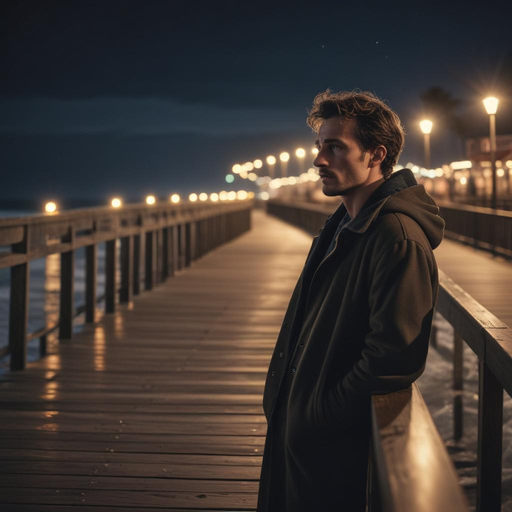 Silhouetted in Solitude: A Man’s Contemplative Moment on a Moonlit Pier