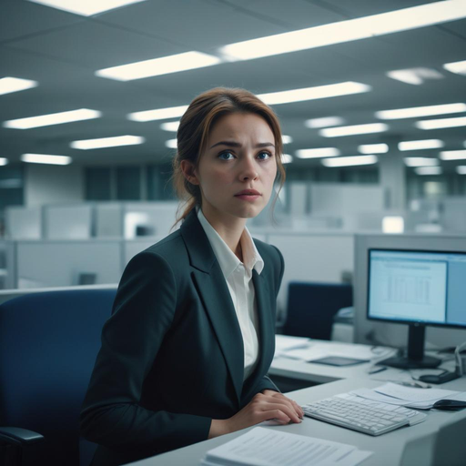 The Weight of Expectations: A Woman’s Intense Gaze in a Sterile Office