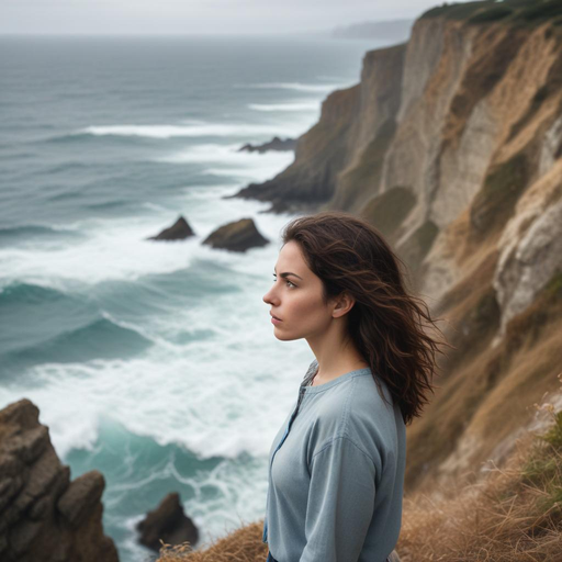 Lost in the Wind: A Woman’s Melancholy on the Cliffside