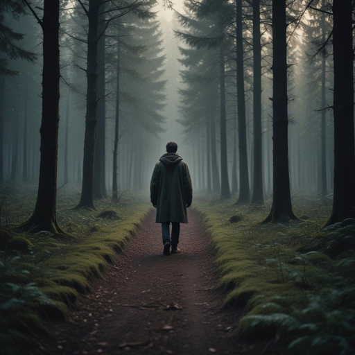 Lost in the Mist: A Solitary Figure Walks Through an Eerie Forest