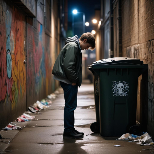 Lost in the Shadows: A Moment of Isolation in a Graffiti-Filled Alley