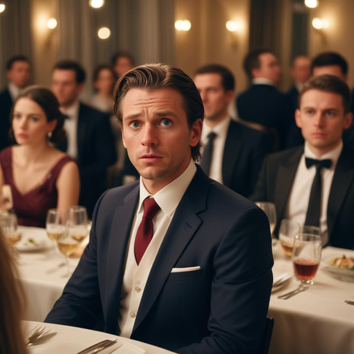 A Tense Meeting: One Man’s Worried Gaze in a Dimly Lit Room