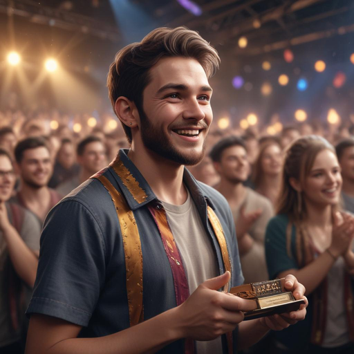 Triumphant Smile: Man Celebrates Award Amidst Cheering Crowd