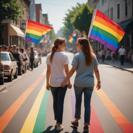 Love Wins: Two Women Walk Hand-in-Hand Down Rainbow Street