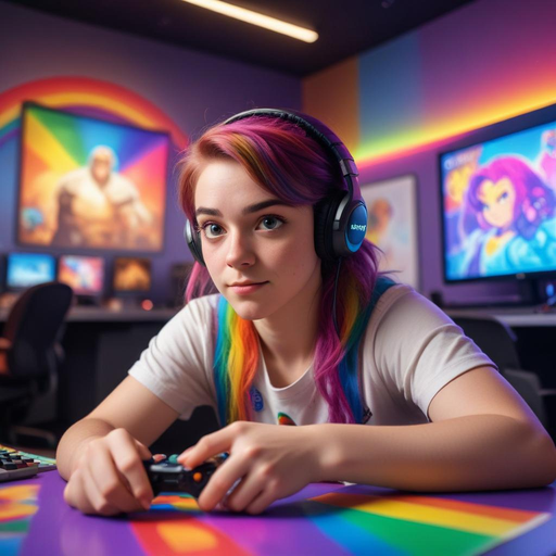 Gamer Girl Vibes: Pink Hair, Bright Lights, and Focused Play