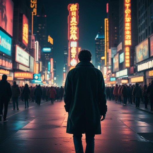 Lost in the Neon Glow: A Solitary Figure Walks the City Streets