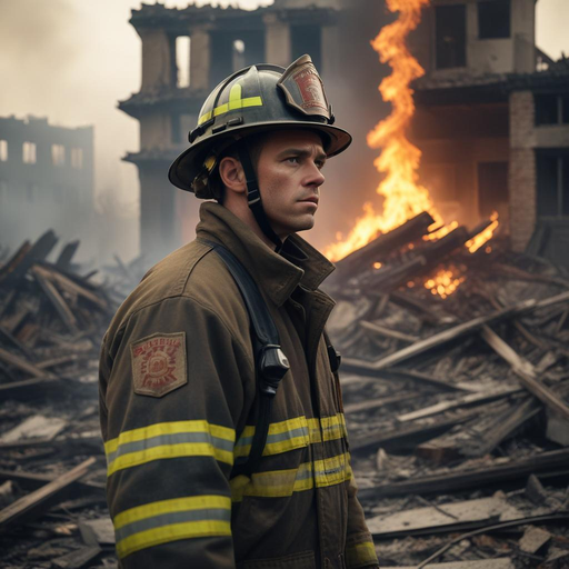 Firefighter Stands Amidst the Ruins, a Symbol of Courage