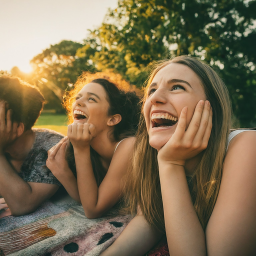 Golden Hour Laughter: Friends Embrace the Sunset’s Warmth