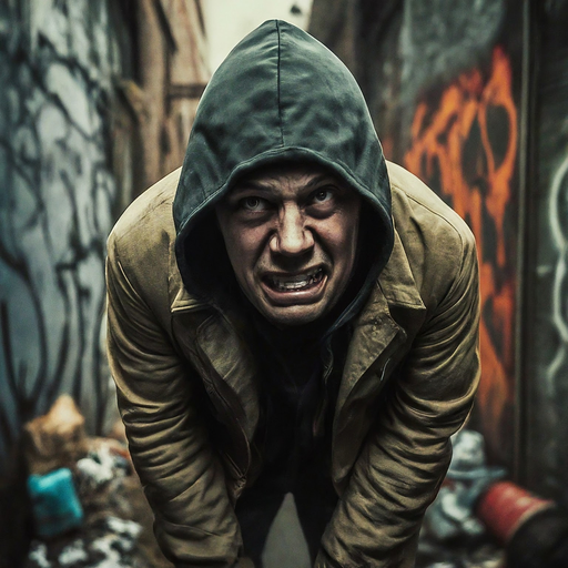 Shadowed Threat: A Man in a Hoodie Lurks in a Gritty Alley