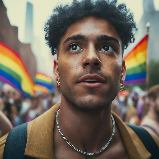 Hopeful Gaze: A Young Man Finds Pride in the Rainbow