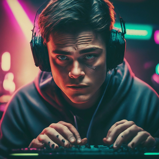 Lost in the Code: A Young Man’s Intense Focus Under Neon Lights