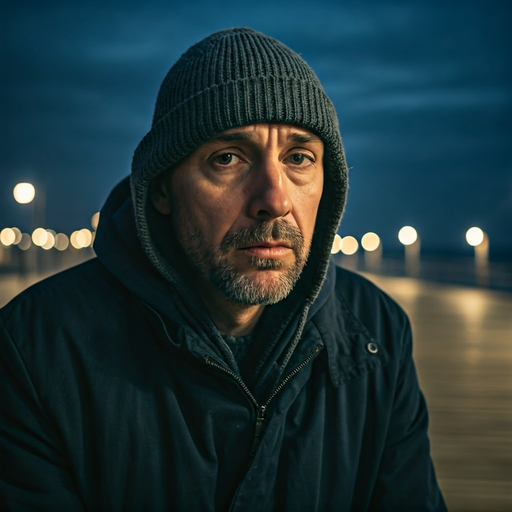 Lost in the Shadows: A Man’s Melancholy on the Pier