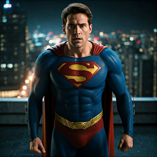 Superman Stands Guard, City Lights Reflecting His Resolve