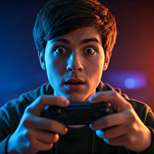 Caught in the Heat of the Moment: Gamer’s Intense Focus Under Neon Lights