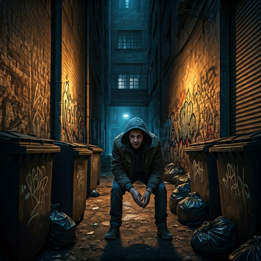 Lost in the Shadows: A Man’s Solitude in a Gloomy Alley