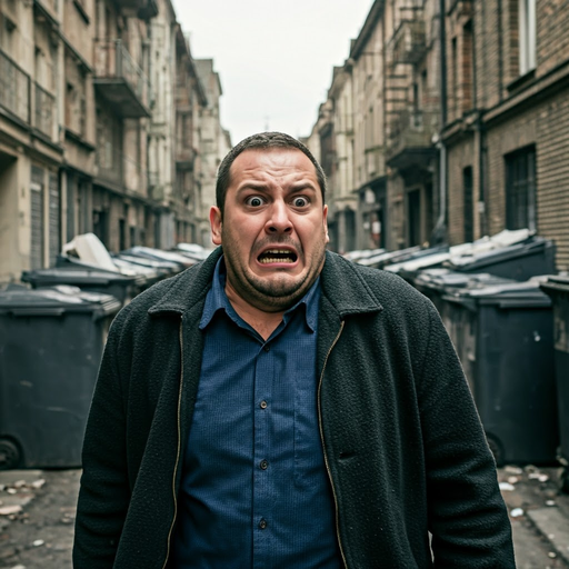 Terror in the Alley: Man’s Fearful Gaze in a Cluttered Street